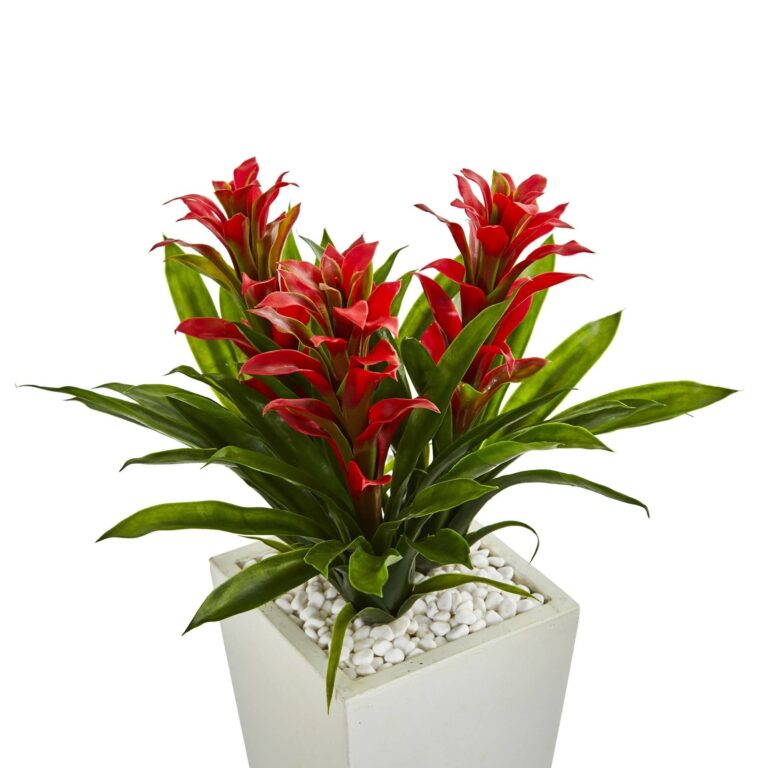 Close-up of leaf foliage texture on this Triple Bromeliad Artificial Plant in White Tower Planter
