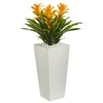 Alternate angle of the Triple Bromeliad Artificial Plant in White Tower Planter showing full plant