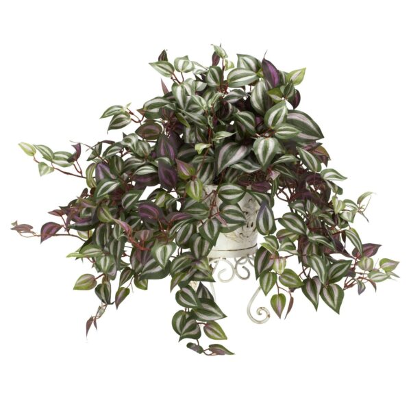 Close-up of leaf foliage texture on this Wandering Jew w Metal Planter Silk Plant