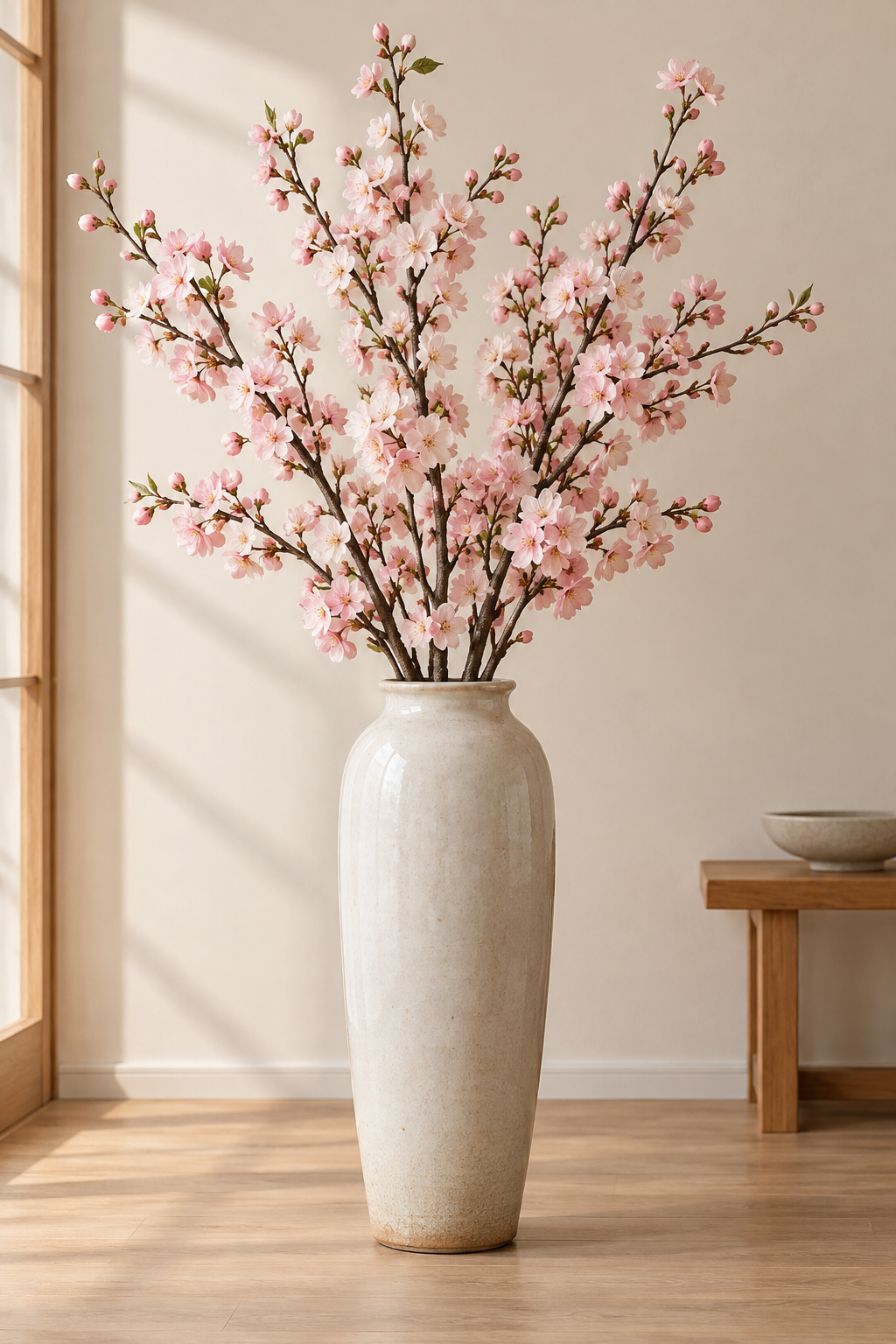 Artificial cherry blossom branches arranged in a tall ceramic floor vase