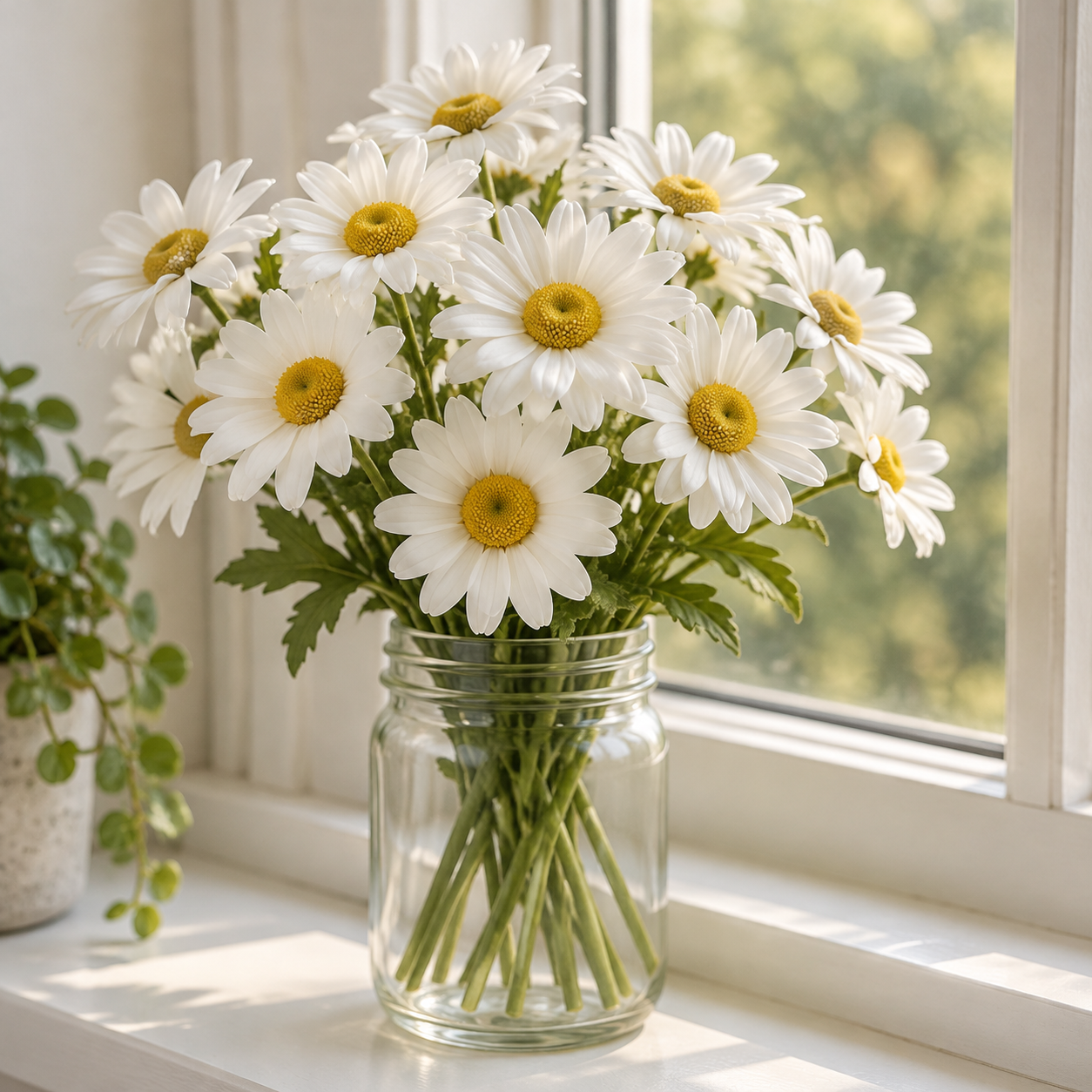 A bunch of artificial white daisies with yellow centers in a glass jar on a windowsill