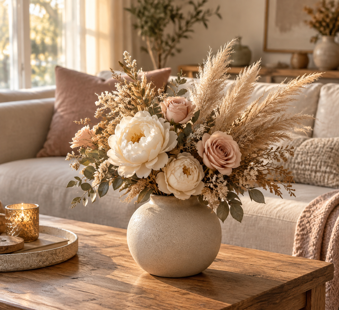 Artificial flower arrangement of cream peonies and blush roses in a ceramic vase