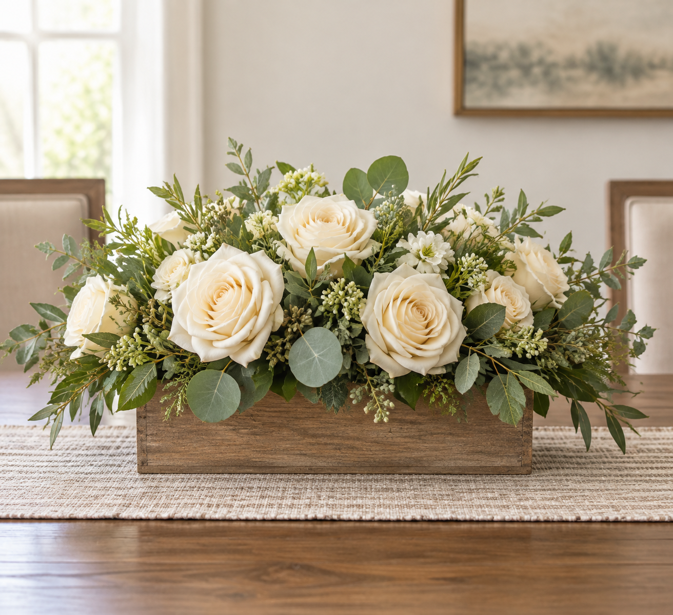 An artificial flower centerpiece of cream roses and greenery in a low wooden box on a dining table