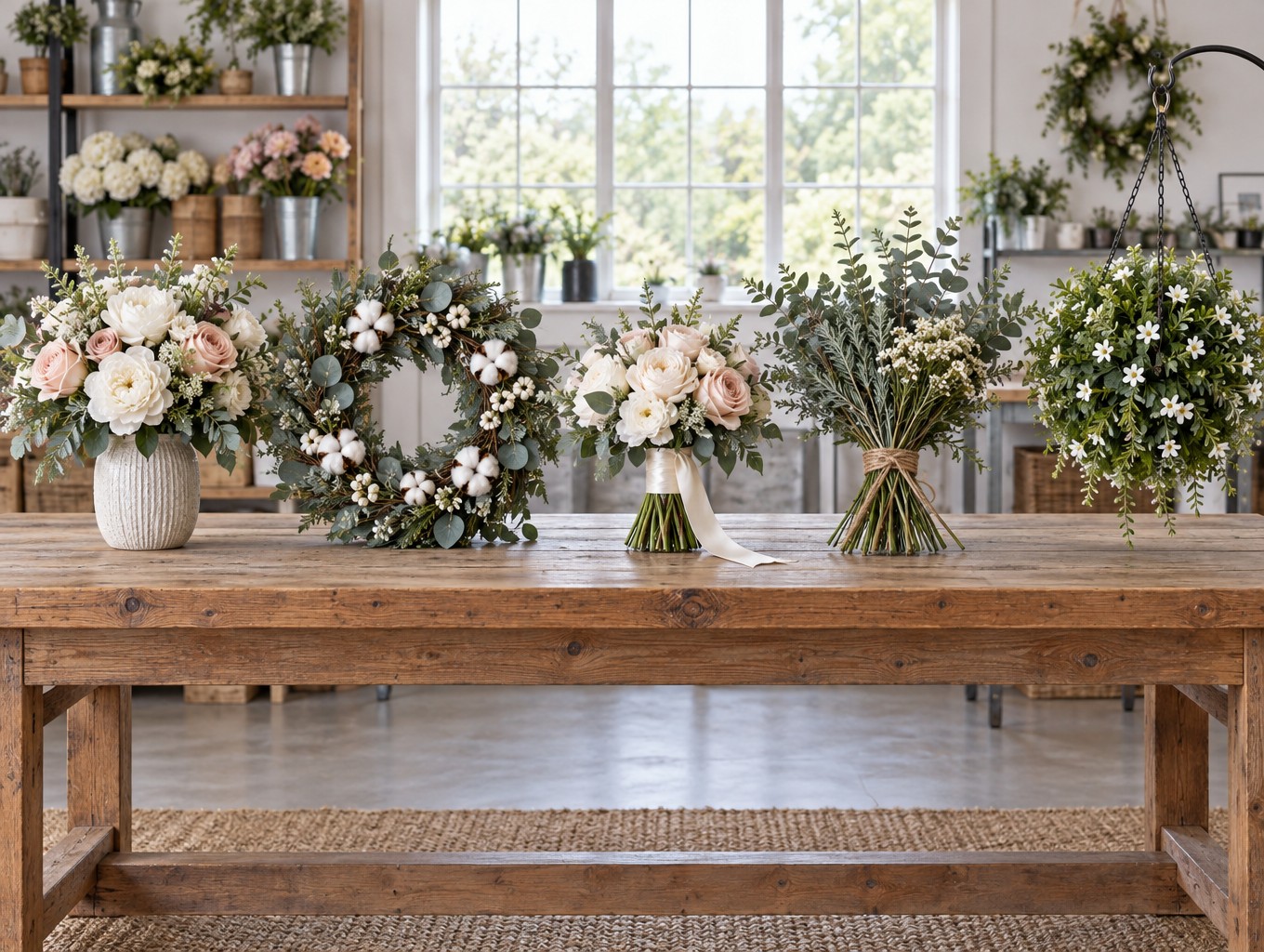Five artificial flower product lines displayed side by side on a wooden studio worktable: a finished arrangement in a ceramic vase, a eucalyptus front-door wreath, a ribbon-wrapped bridal bouquet, a twine-tied bundle of craft stems and a hanging outdoor greenery sphere