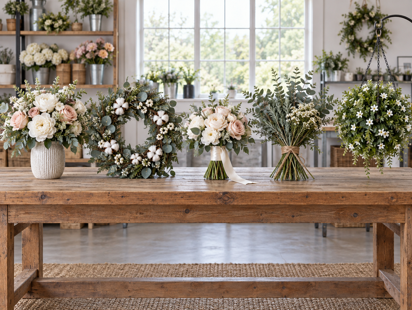 Five artificial flower product lines displayed side by side on a wooden studio worktable: a finished arrangement in a ceramic vase, a eucalyptus front-door wreath, a ribbon-wrapped bridal bouquet, a twine-tied bundle of craft stems and a hanging outdoor greenery sphere