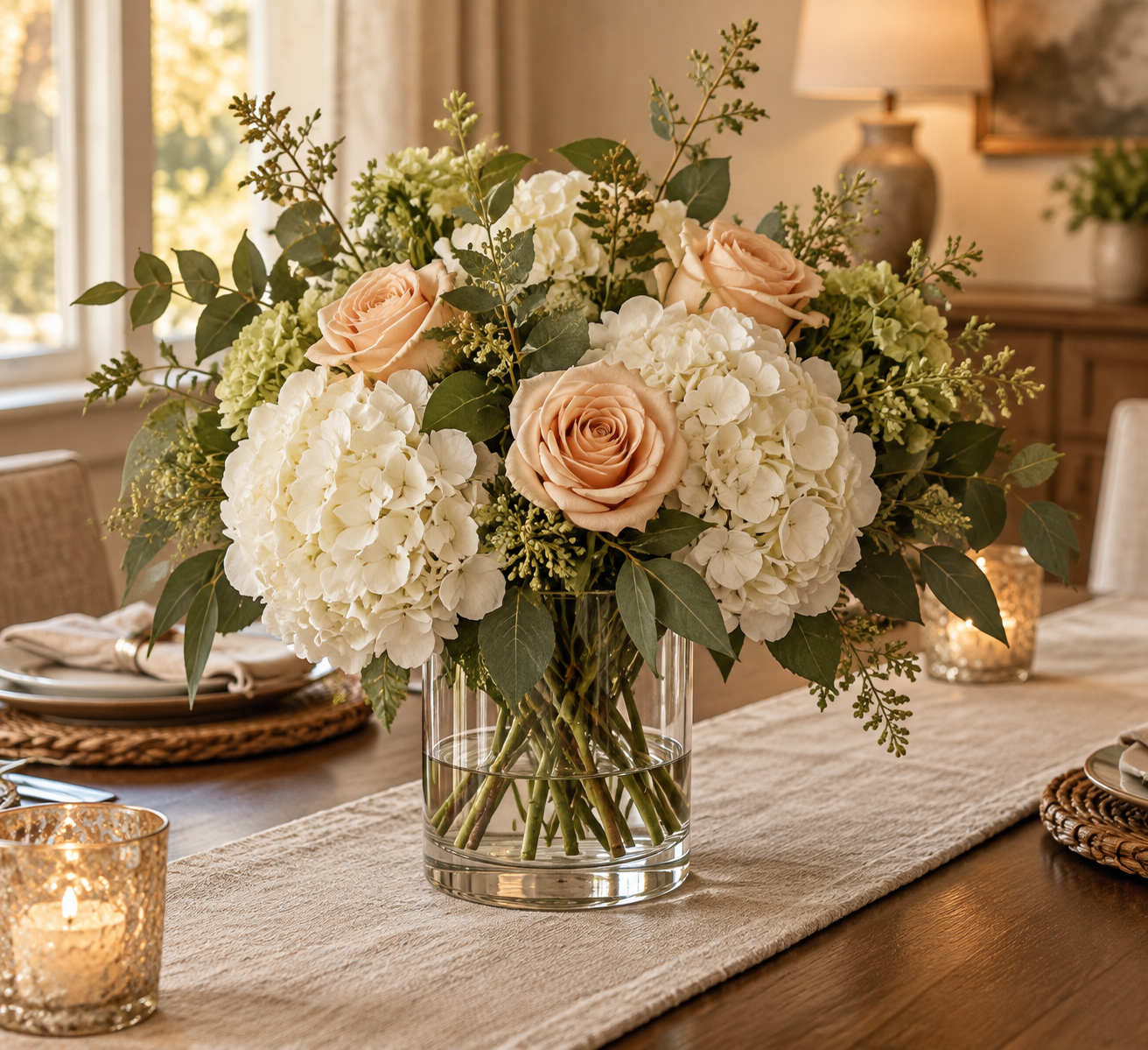 Artificial hydrangea and rose arrangement in a glass vase with acrylic water