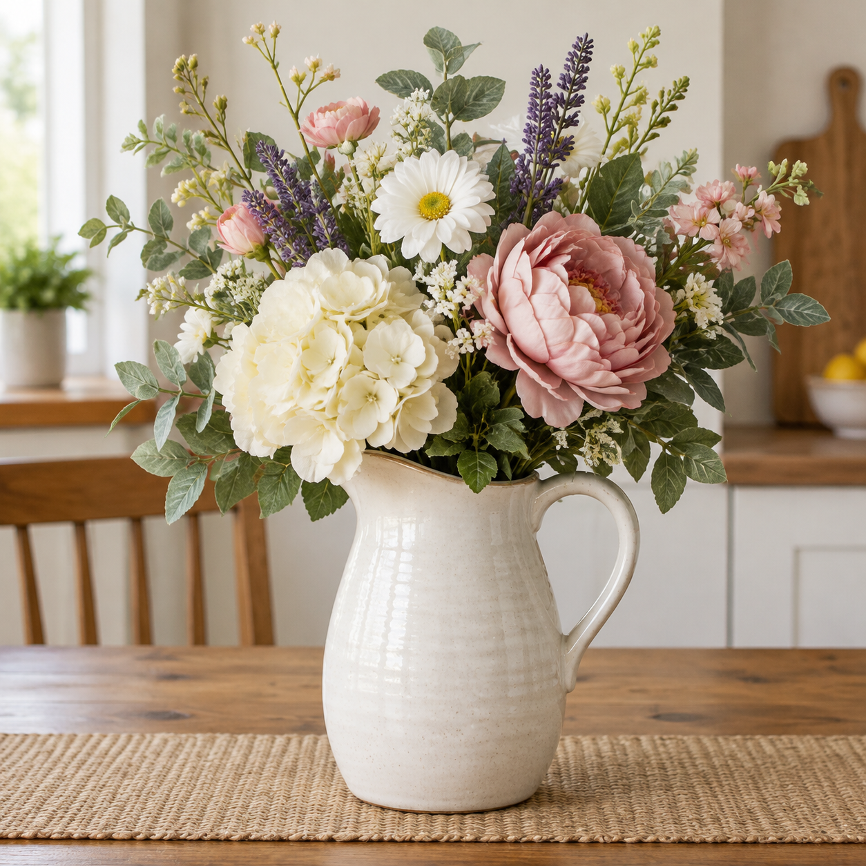 A mixed bouquet of artificial silk flowers in a ceramic pitcher on a kitchen table