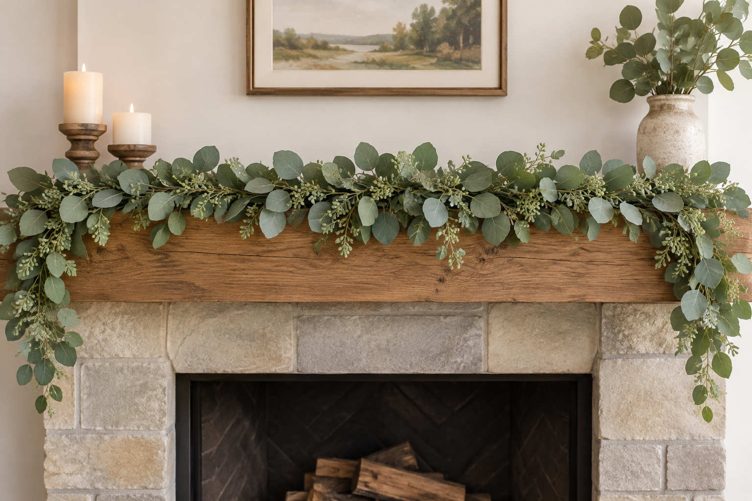 An artificial eucalyptus garland draped across a wooden fireplace mantel