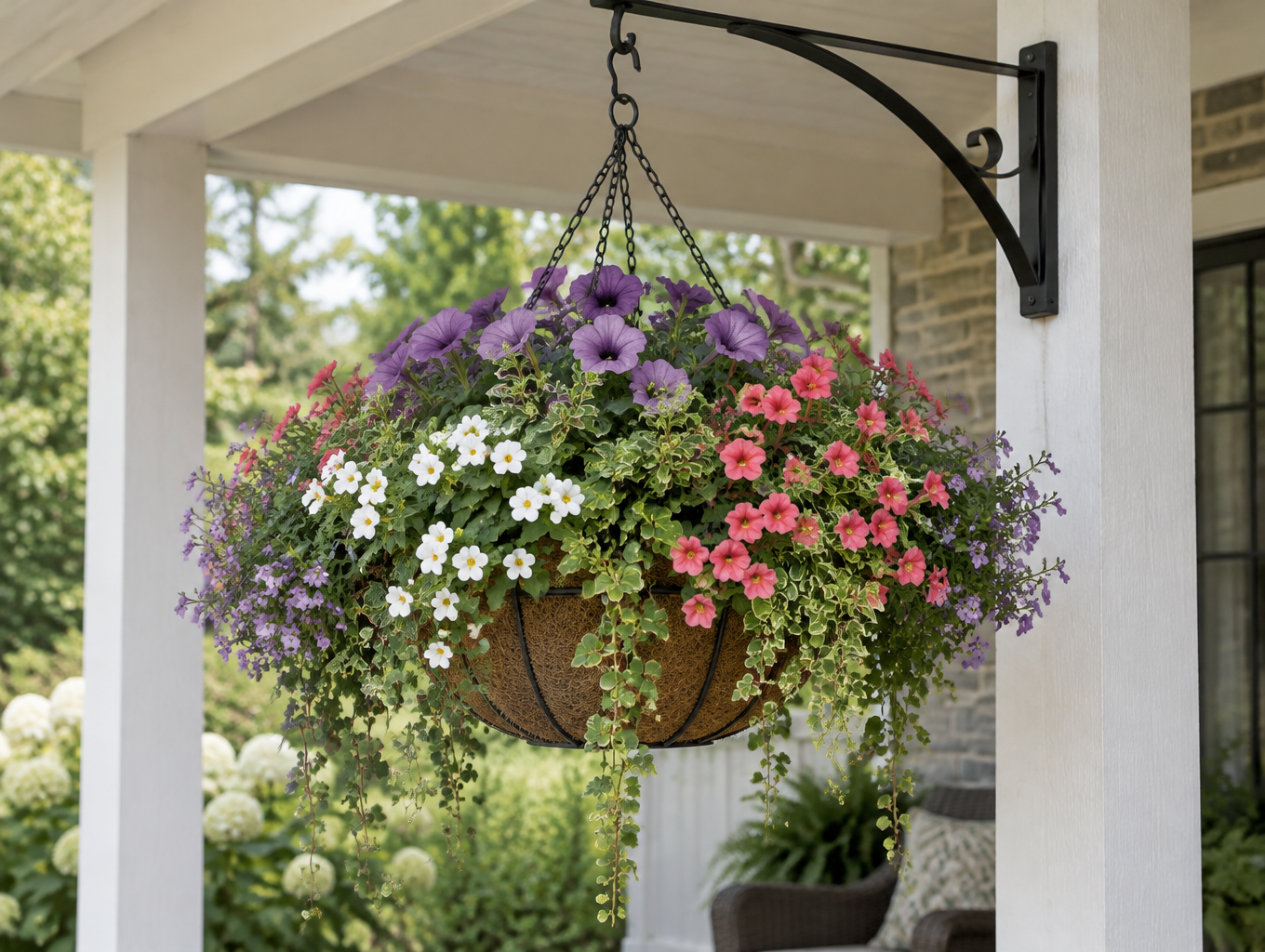 Artificial flower hanging basket with mixed trailing blooms hung from a black bracket on a covered porch beam, chains and swivel hook visible