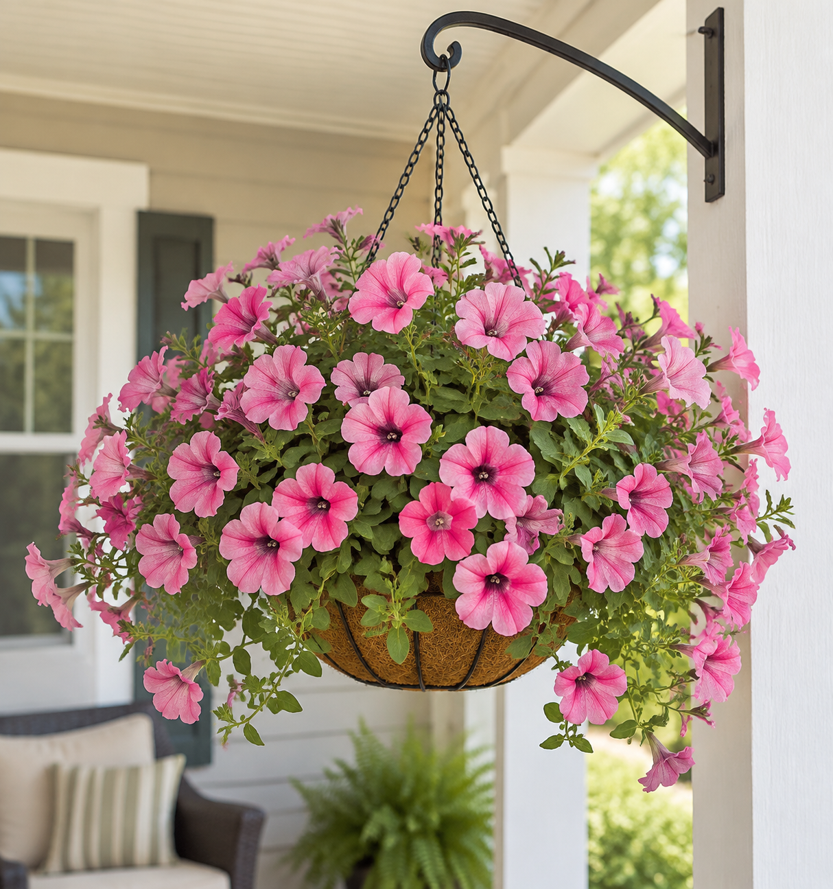 An artificial pink petunia hanging basket displayed on a covered porch hook