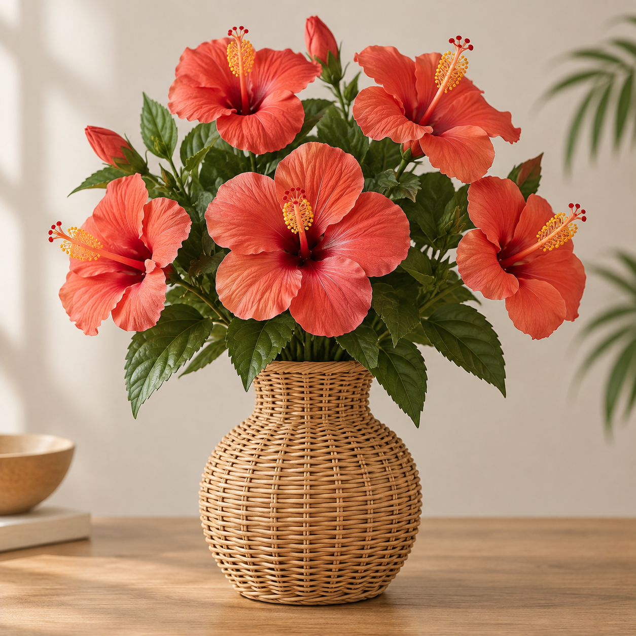 Artificial tropical hibiscus flowers in coral red arranged in a rattan vase