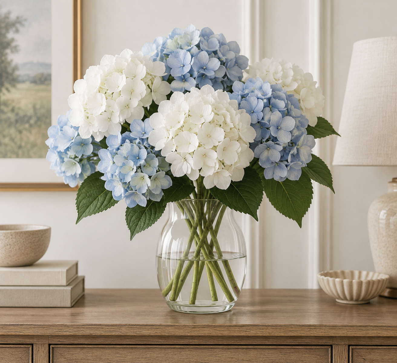 A bouquet of artificial white and soft blue hydrangeas in a glass vase on a console table