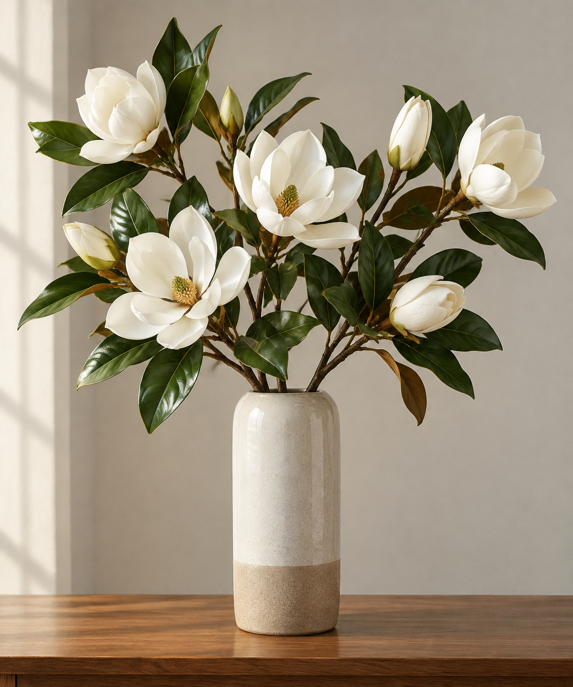 Artificial magnolia branches with large white blooms and glossy green leaves in a tall vase