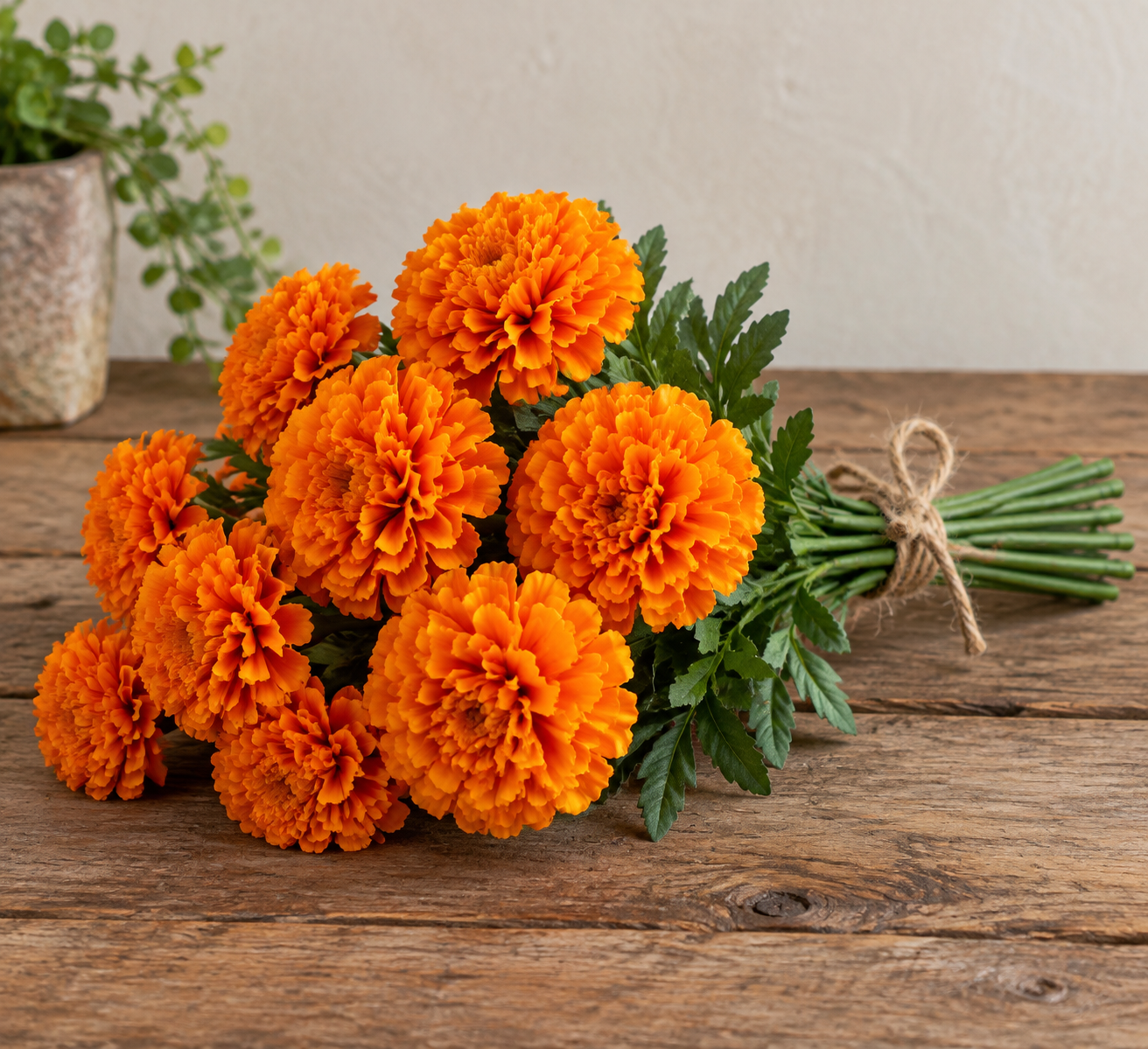 A bundle of artificial orange marigold stems tied with twine lying on a rustic wooden table