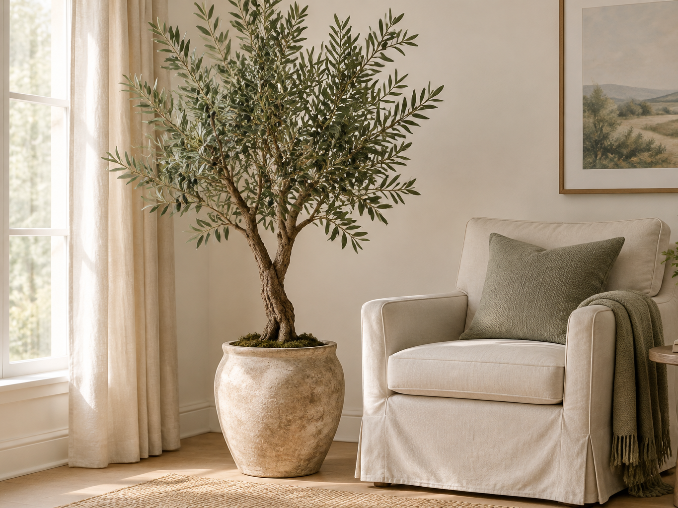 Tall potted faux olive tree with gnarled natural trunk and silvery green canopy beside a linen armchair in a bright minimal corner