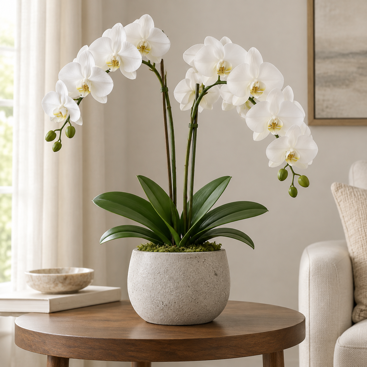 An artificial white phalaenopsis orchid in a stone pot on a side table