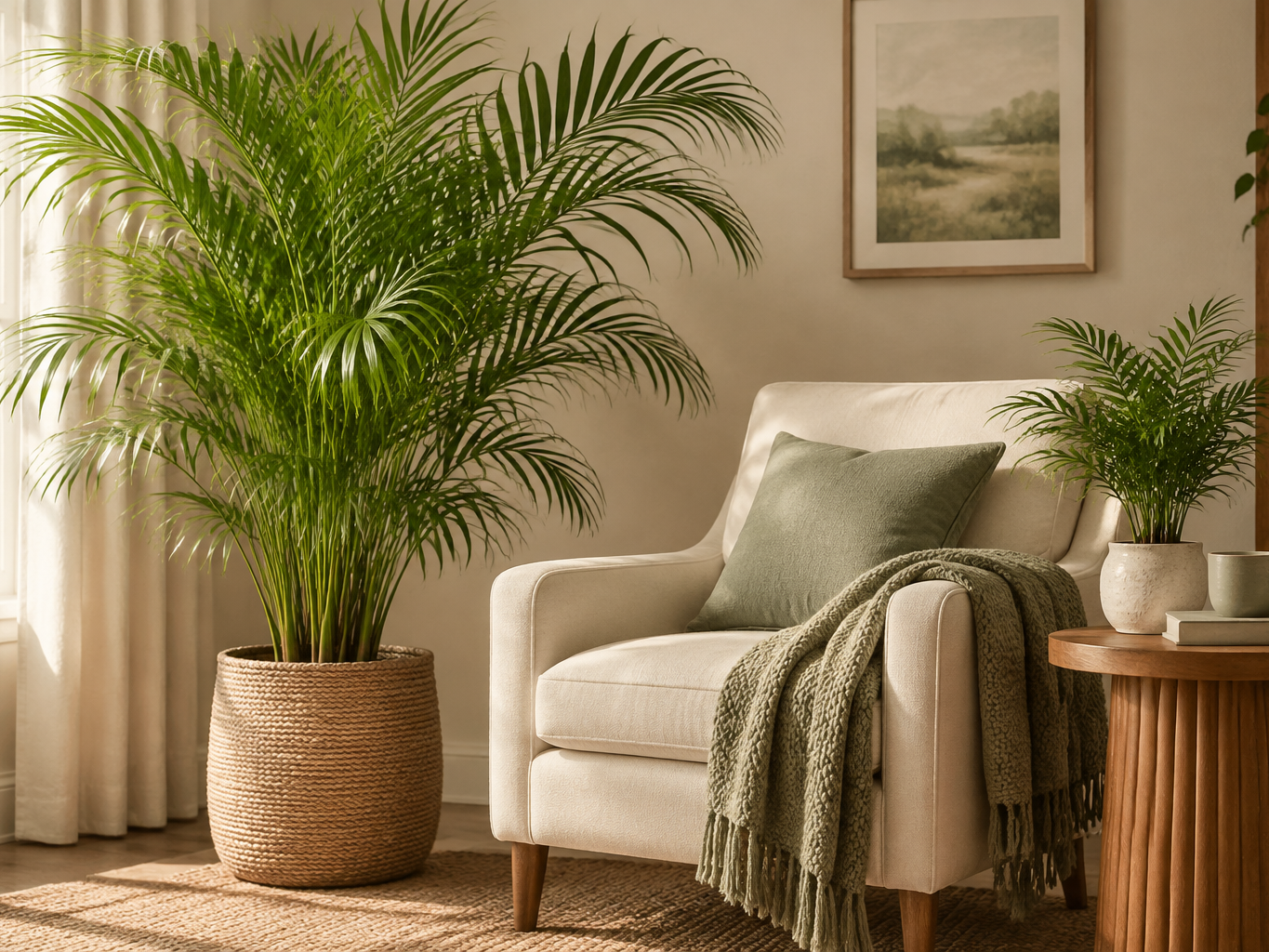 Tall potted areca palm with feathery arched fronds beside a reading chair indoors, a smaller parlor palm on the side table