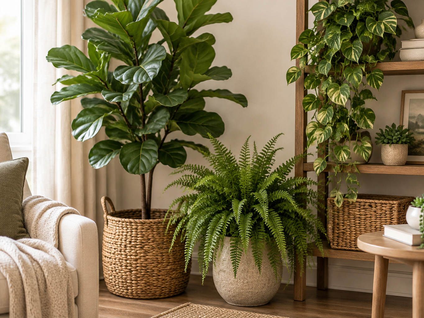 Layered artificial plant corner — a tall potted fiddle leaf fig beside a floor fern, trailing pothos on a shelf and small succulents on a side table