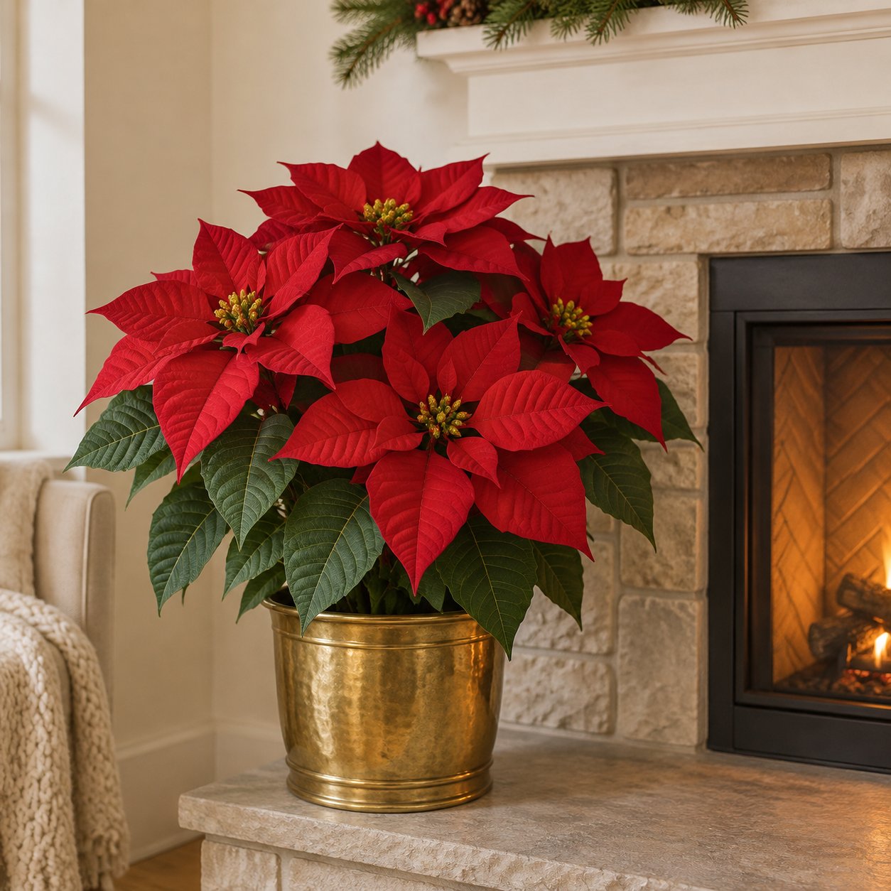 A large artificial poinsettia with vivid red bracts and small yellow center blooms in a hammered brass pot on a stone hearth beside a lit fireplace