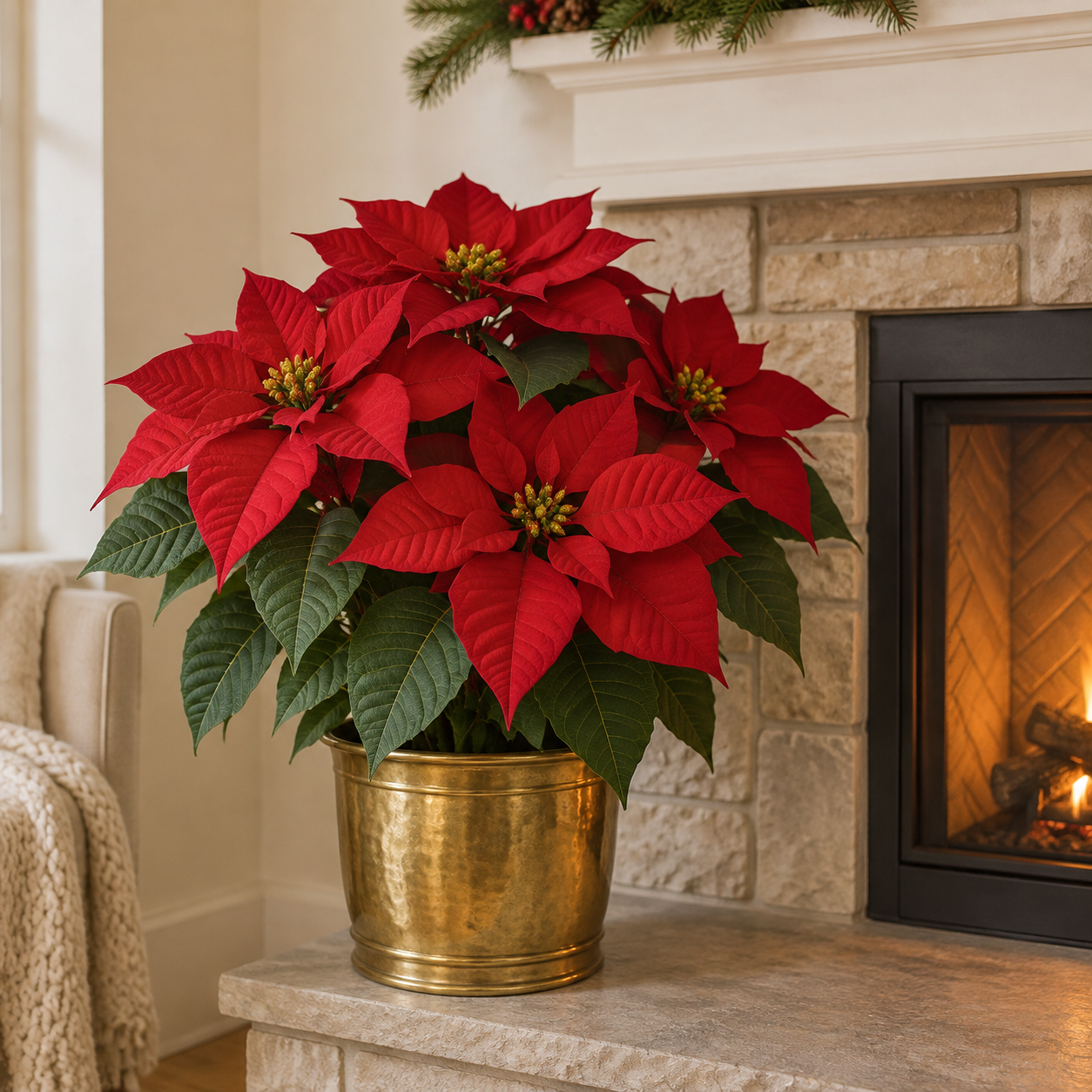 An artificial red poinsettia in a brass pot beside a fireplace mantel