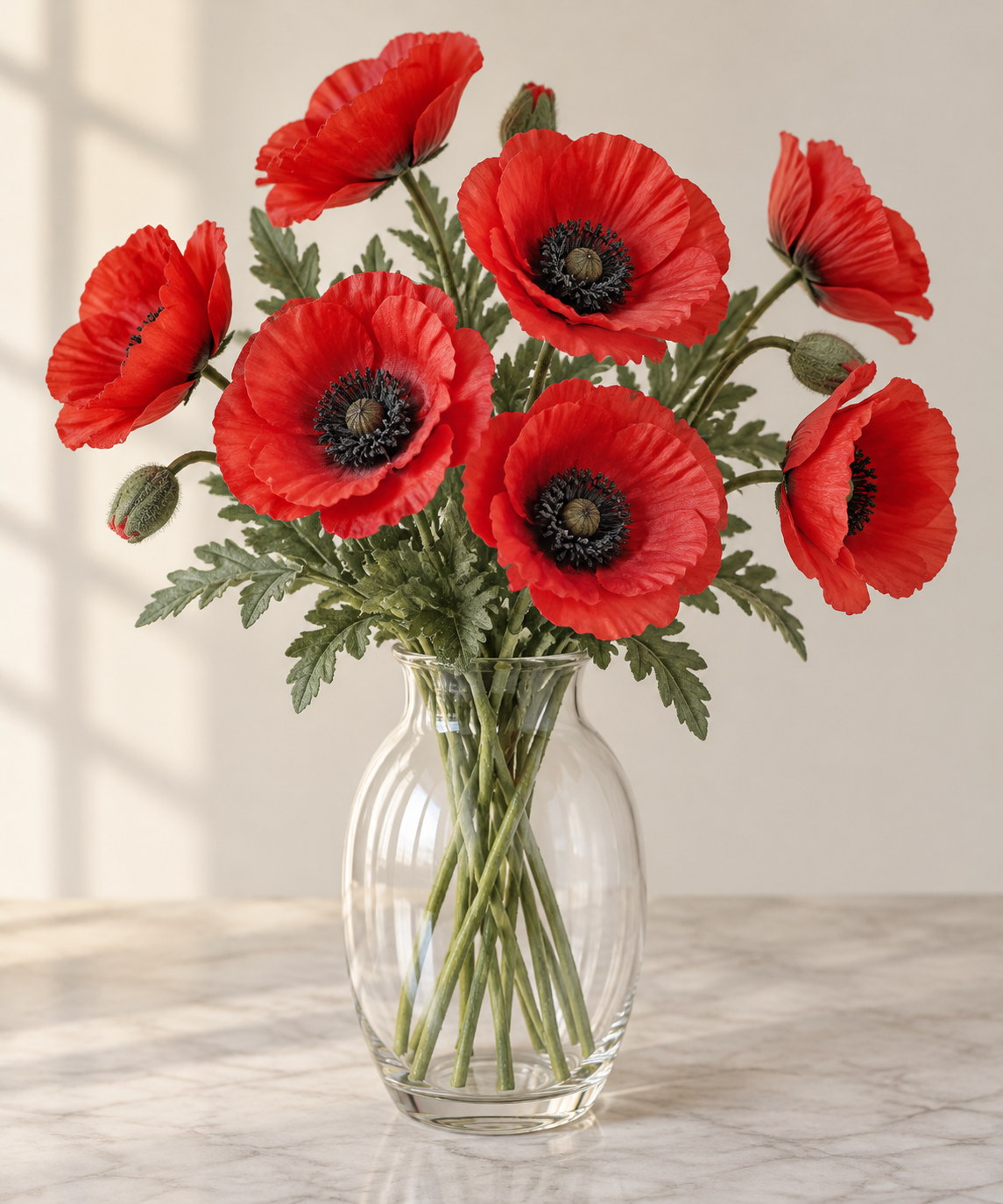 Artificial red poppies with dark centers arranged in a clear glass vase