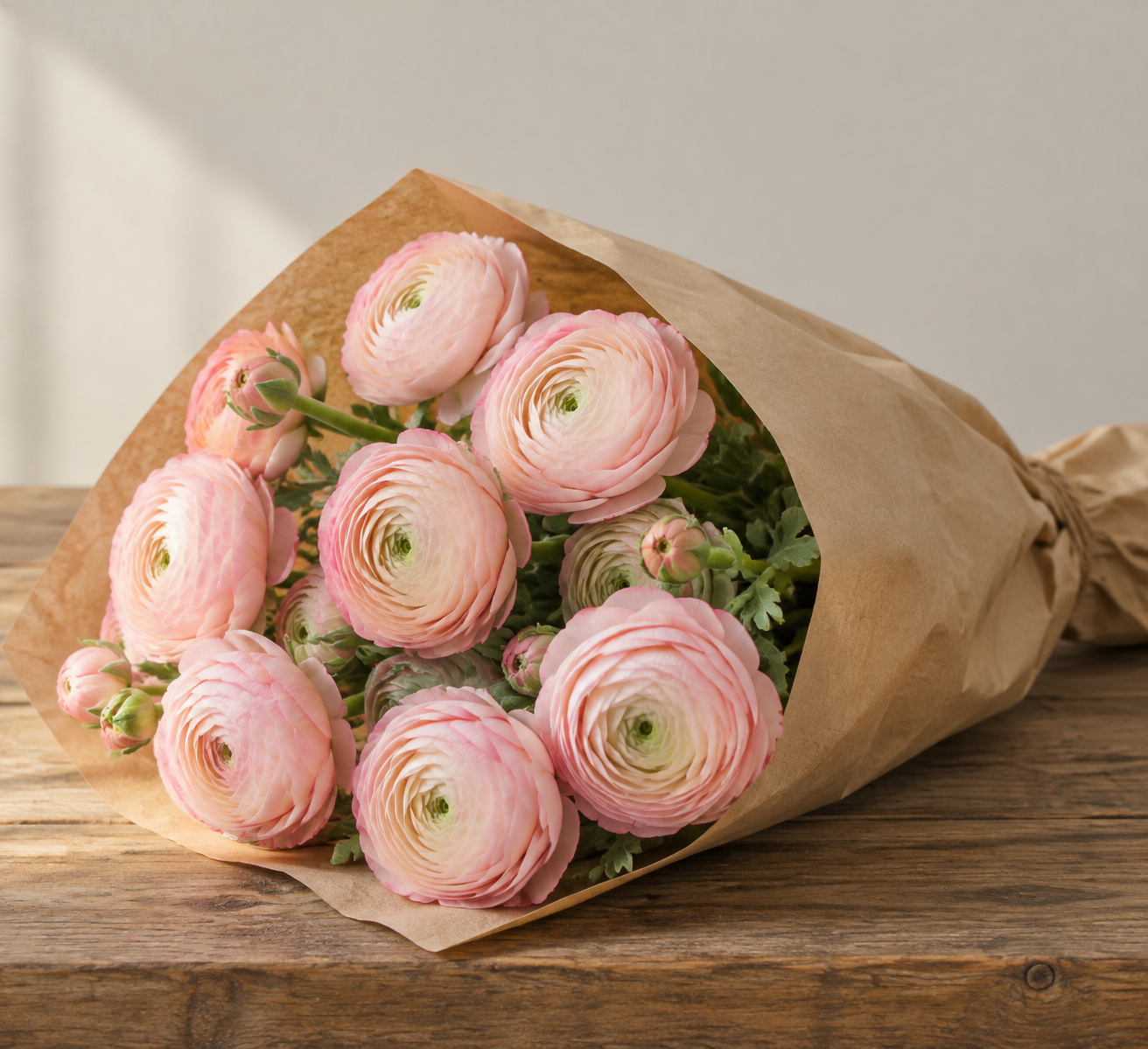 Artificial blush pink ranunculus stems wrapped in kraft paper on a wooden table