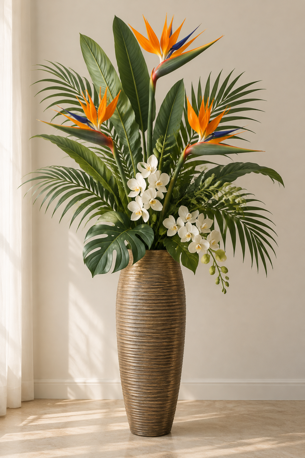 Artificial tropical flowers with birds of paradise and palm leaves in a tall floor vase