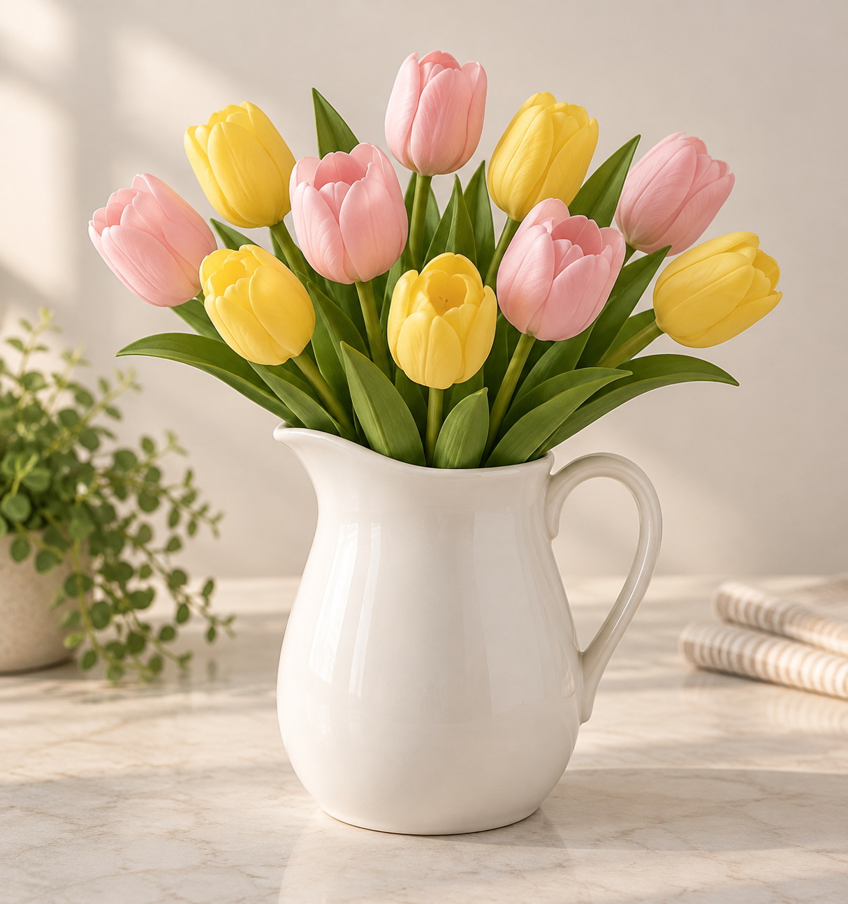 Pink and yellow artificial tulips with green leaves in a white ceramic pitcher on a marble countertop