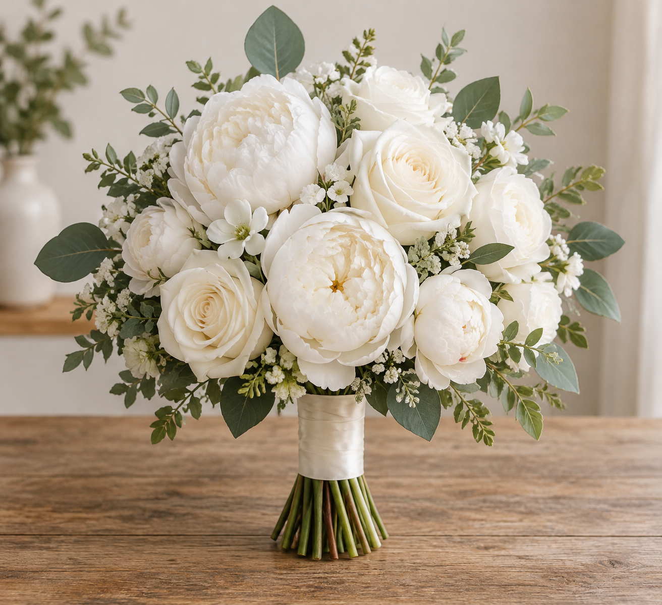 An artificial silk wedding bouquet of white roses and peonies resting on a wooden table