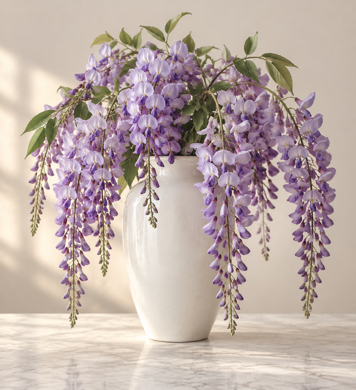 Artificial wisteria stems in soft purple cascading over a white ceramic vase