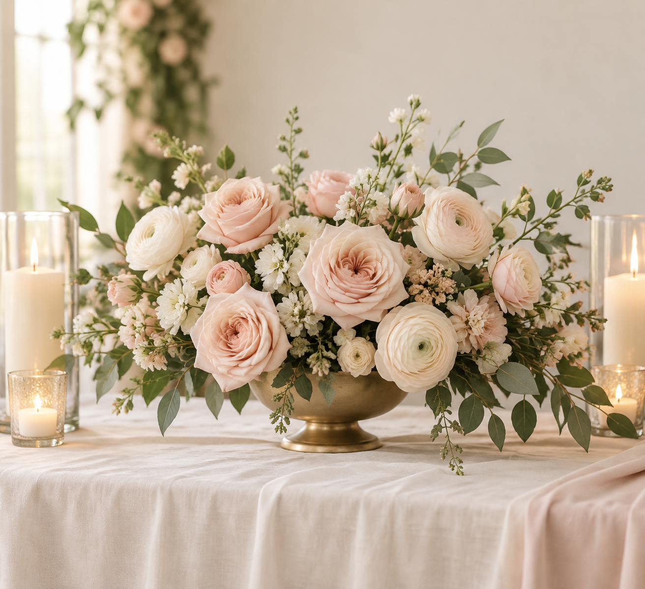 Blush artificial wedding roses and ranunculus styled on a ceremony table with candles