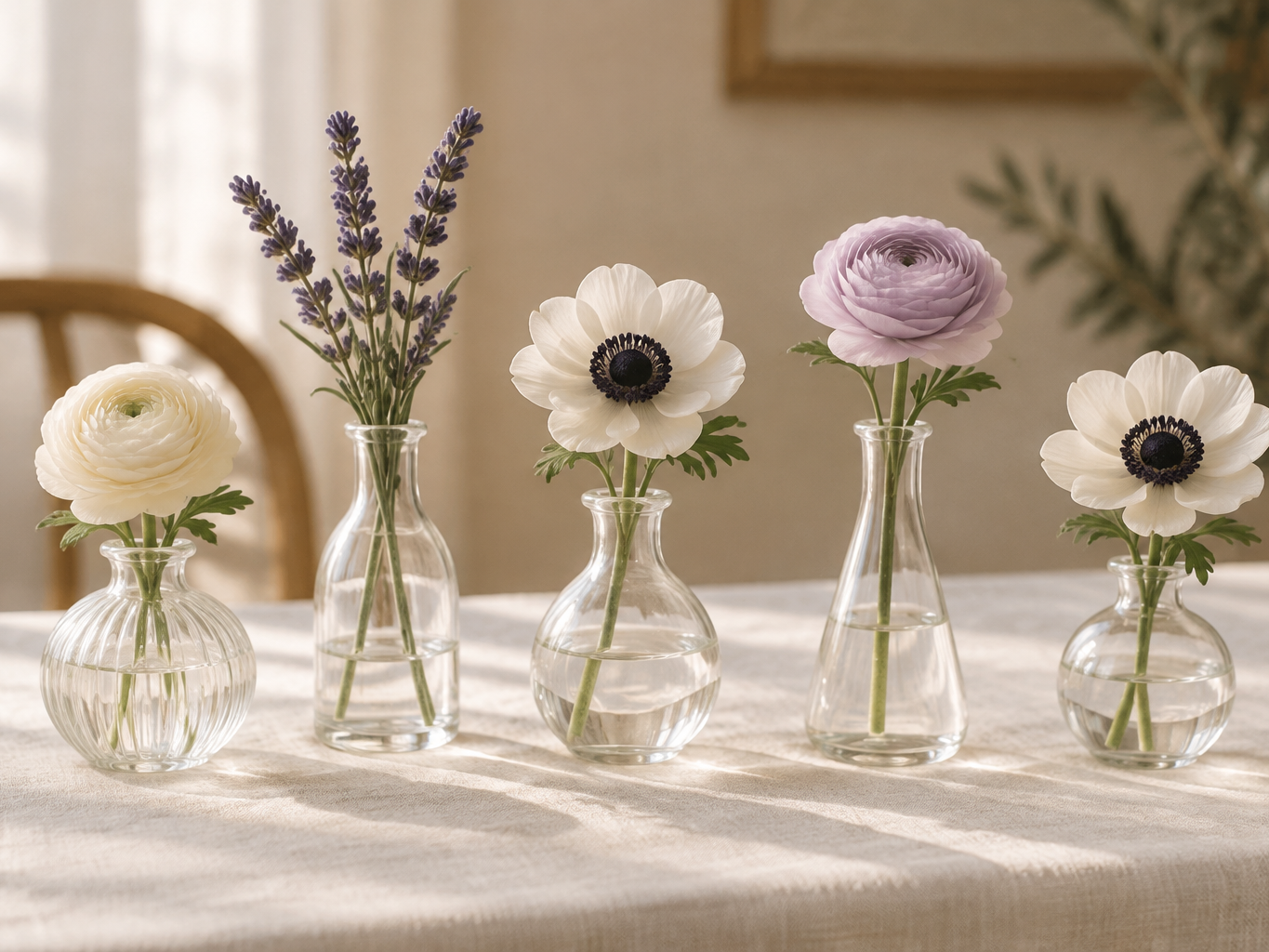 Row of five small clear glass bud vases at varying heights, each holding a single artificial flower — white rose, blush ranunculus, lavender sprig — on a bright linen table