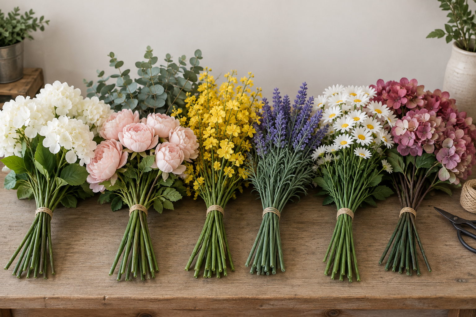 Bundles of bulk artificial flower stems in assorted colors laid flat on a workbench