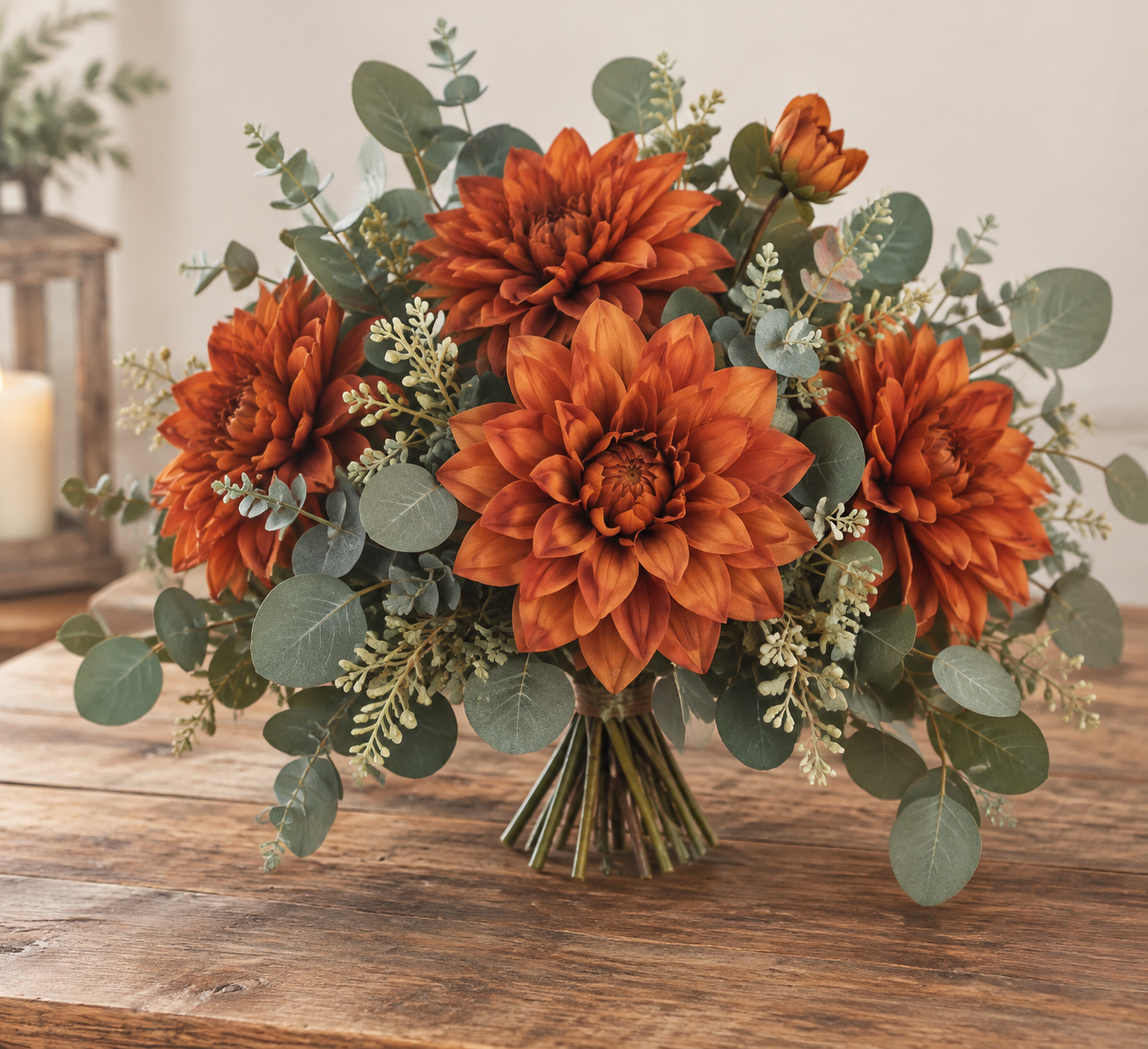 Burnt orange artificial wedding dahlias and eucalyptus arranged on a rustic wooden table