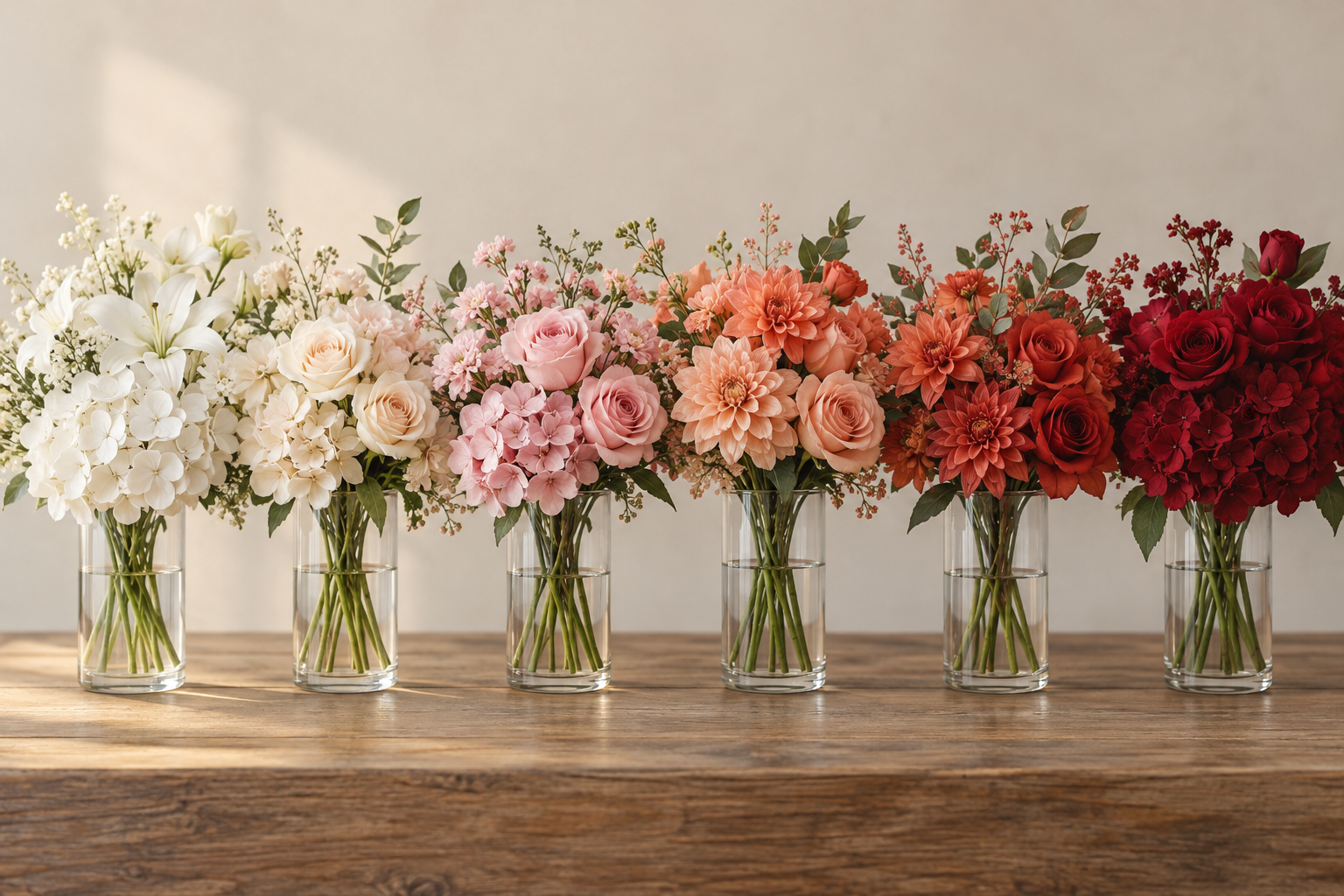 Six glass vases of artificial flowers arranged in a color gradient from white and cream through pink and peach to deep red on a wooden table