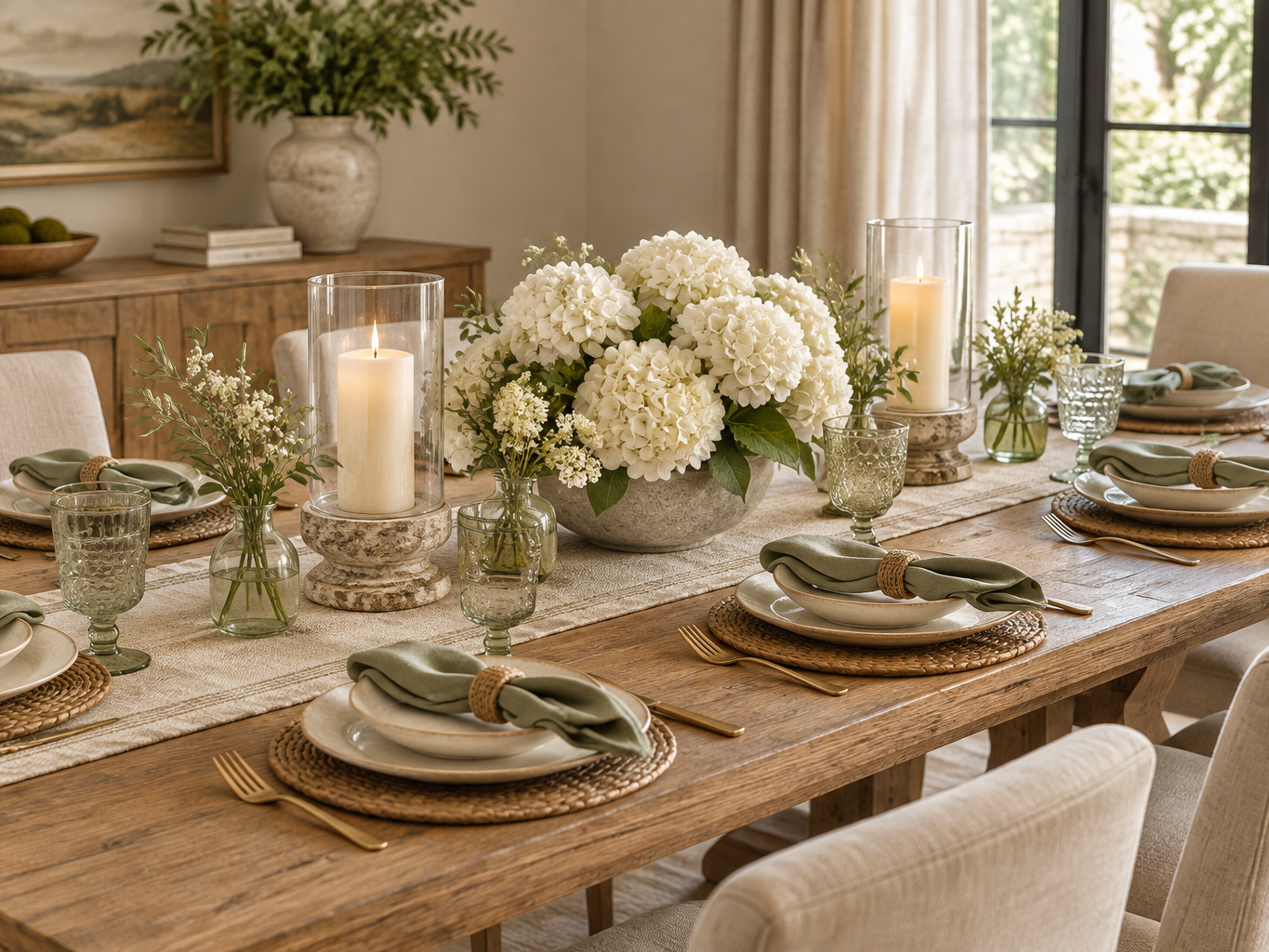 Dining table set for six with a low bowl of white artificial hydrangeas, clustered glass bud vases and two tall hurricane vases holding pillar candles, sightlines open across the table