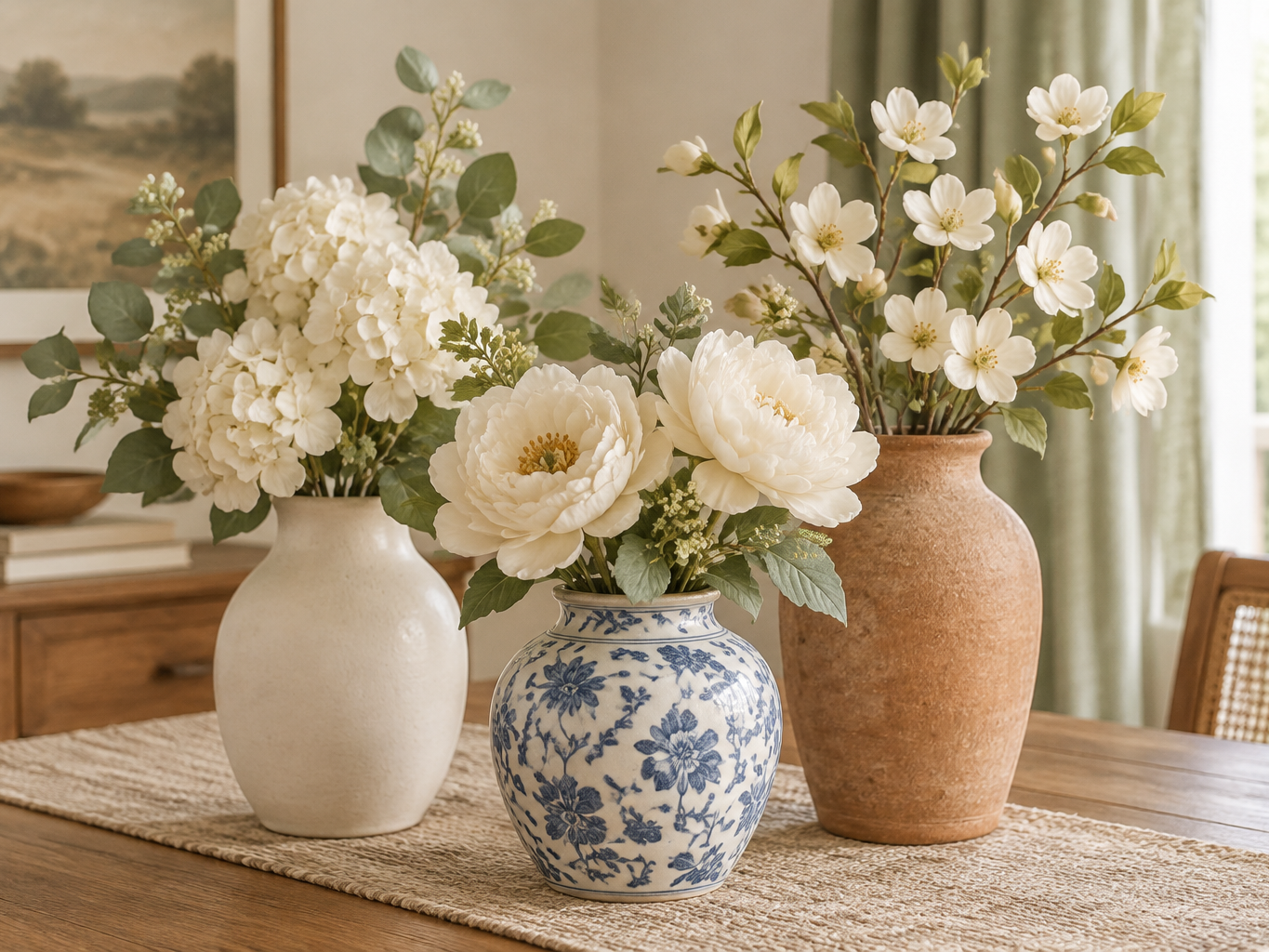 Group of three ceramic vases in white matte, blue-and-white glaze and terracotta texture holding cream artificial flowers on a natural wood table