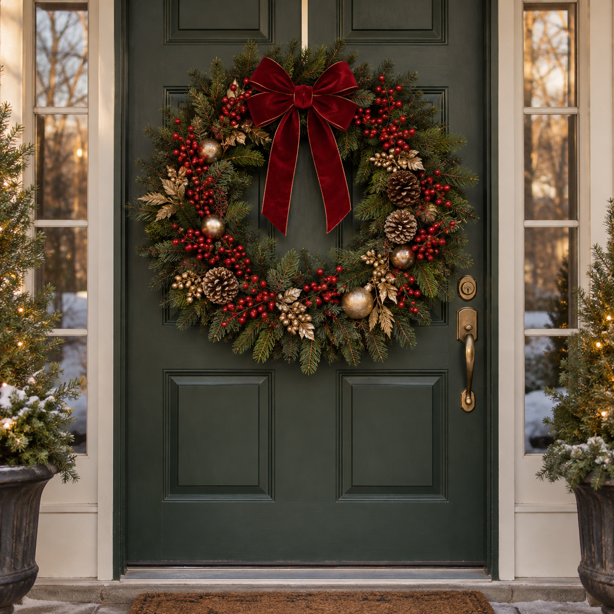 Artificial Christmas wreath with red berries and pine greenery on a dark green front door