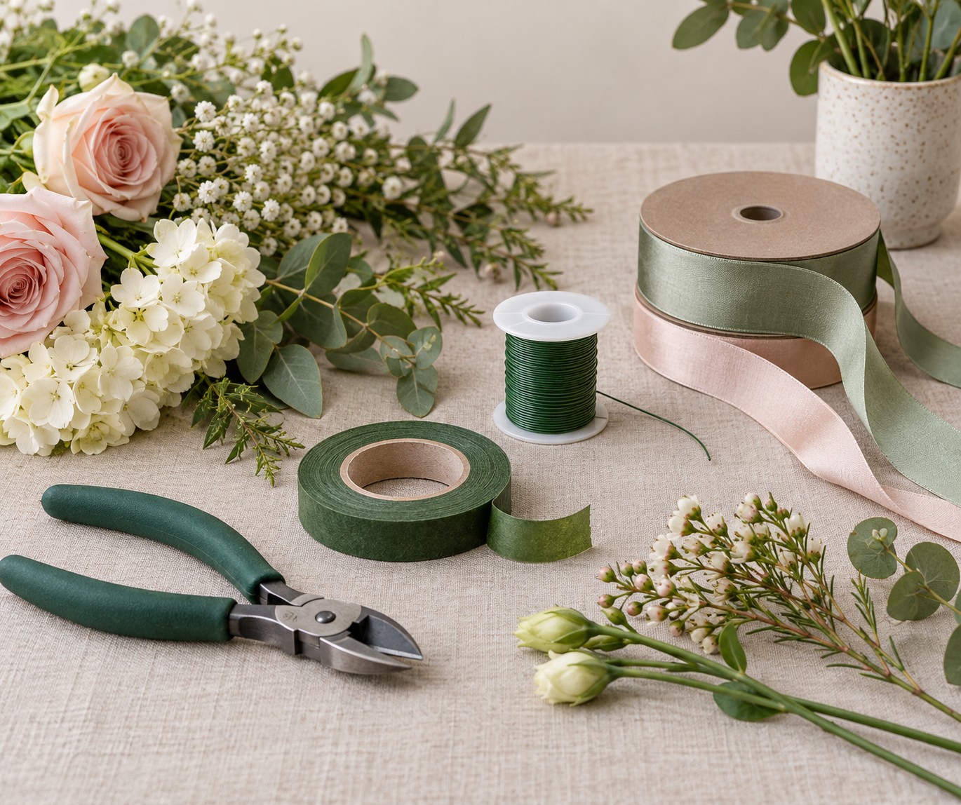 Floral craft supplies laid out on beige linen: a bouquet of pink roses and white hydrangeas with eucalyptus, green-handled wire cutters, a roll of green floral tape, a spool of dark green wire, and spools of sage and blush satin ribbon