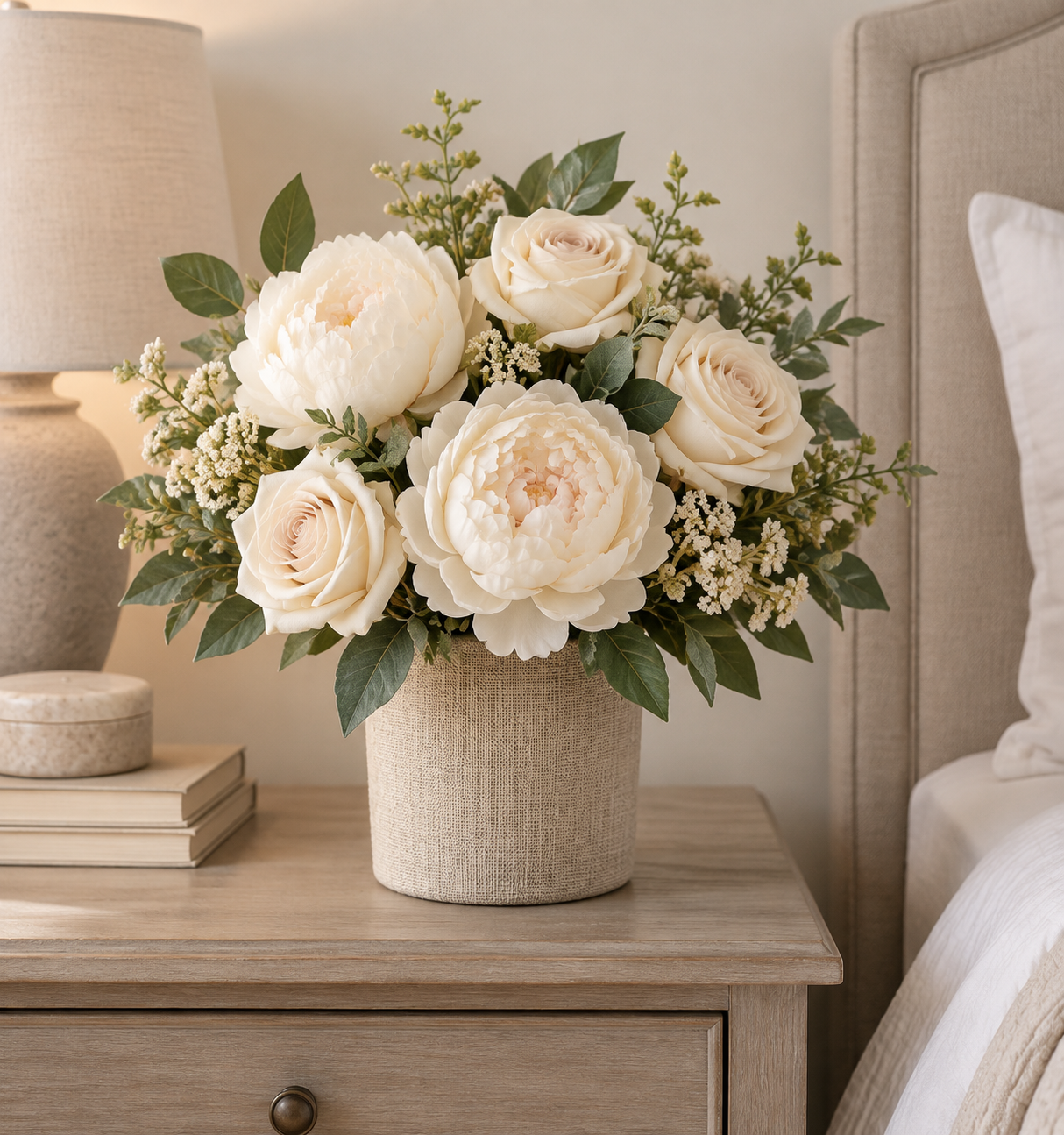 Cream artificial peonies and roses with baby's breath in a linen-wrapped glass vase on a nightstand
