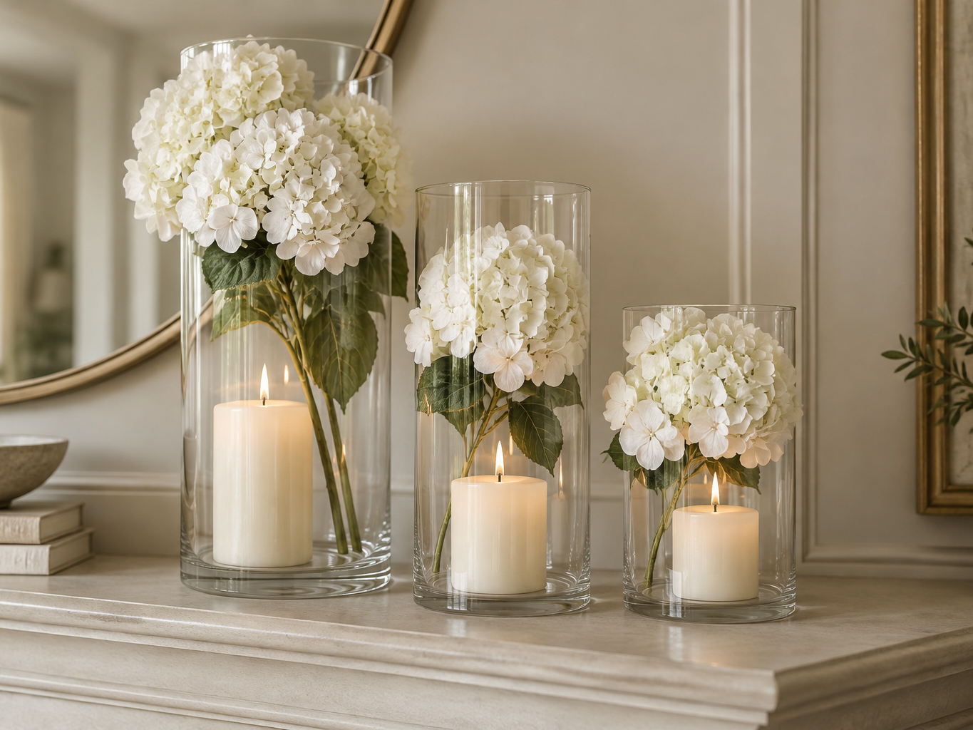 Clear cylinder vases with candles and stems