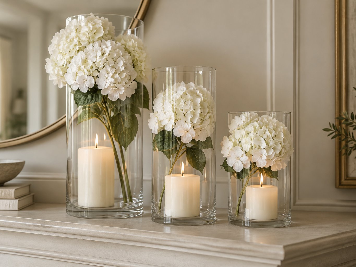 Clear cylinder vases of three heights holding pillar candles and cream artificial stems on a wood table