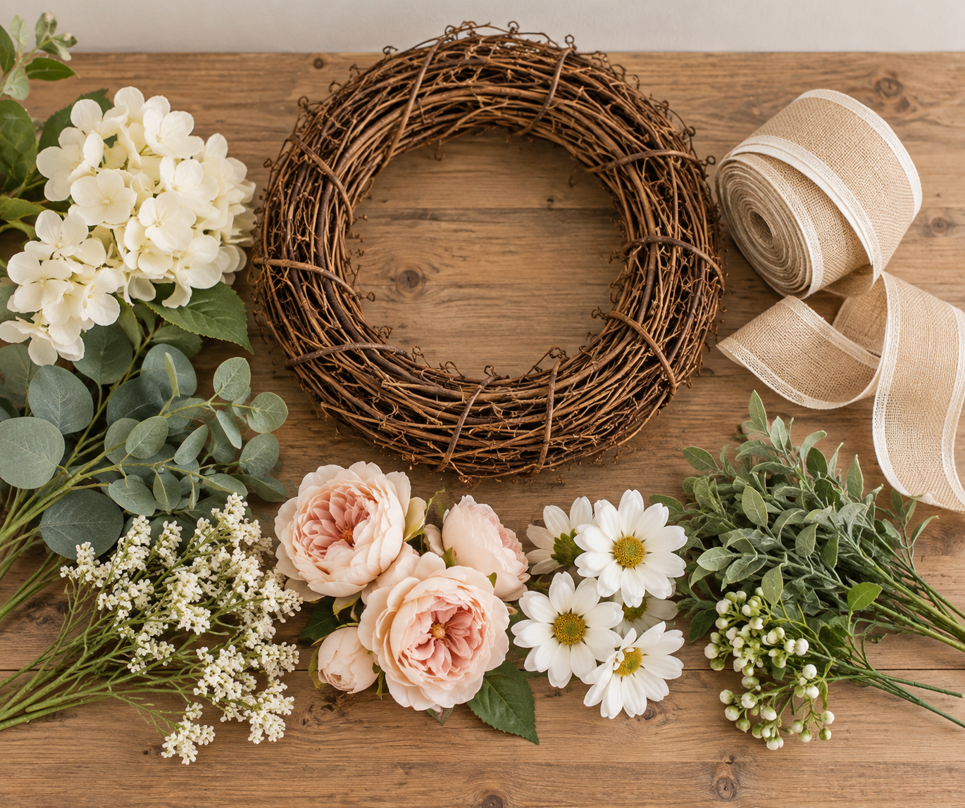 A DIY wreath kit with a grapevine base, silk flowers and ribbon laid flat on a table