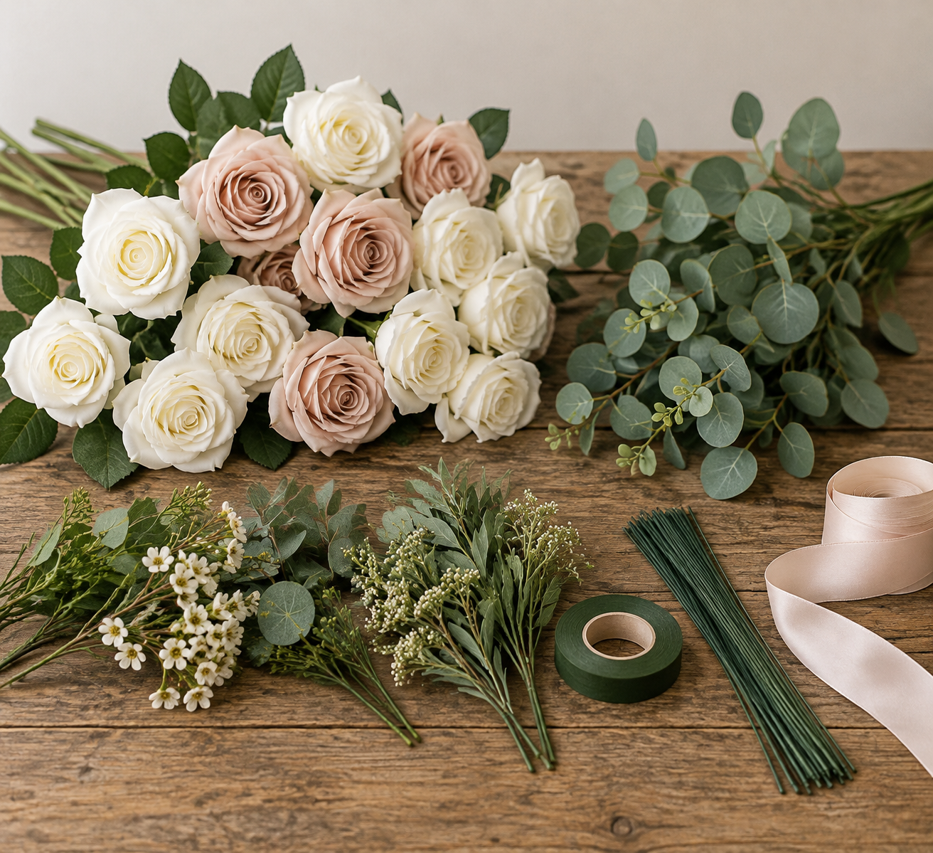 A DIY wedding flower kit with silk rose stems and eucalyptus laid flat on a wooden table
