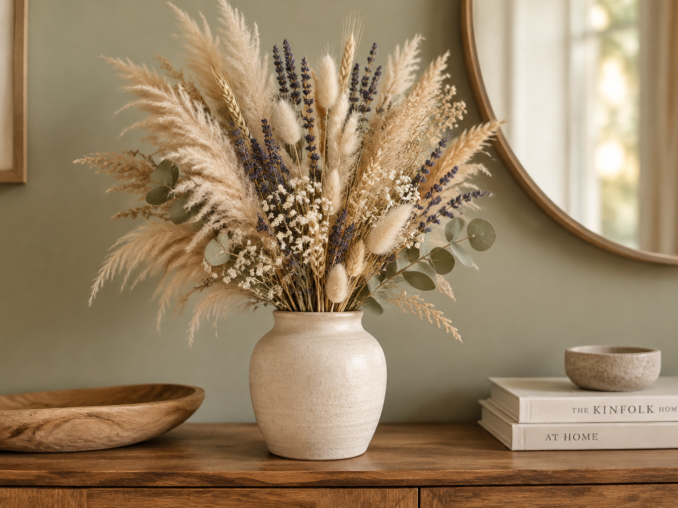 Finished dried flower bouquet of pampas, bleached wheat and lavender standing in a neutral ceramic vase on a wooden console