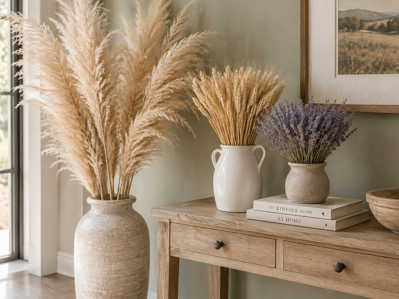 Tall natural pampas grass stems in a floor vase beside bleached wheat bunches and lavender on a bright console table
