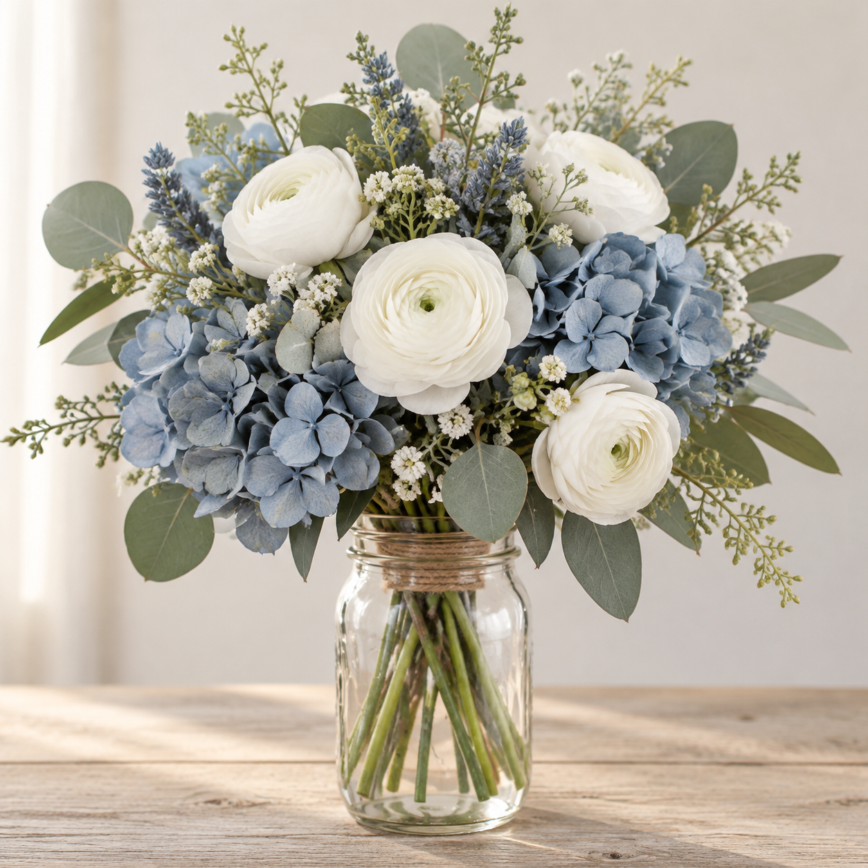 Dusty blue artificial wedding flowers with white ranunculus in a glass mason jar