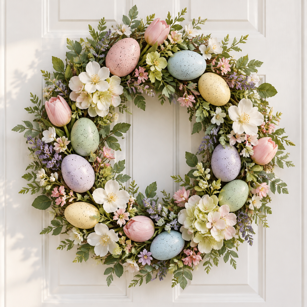 An Easter wreath with pastel eggs and artificial spring blooms on a white paneled door