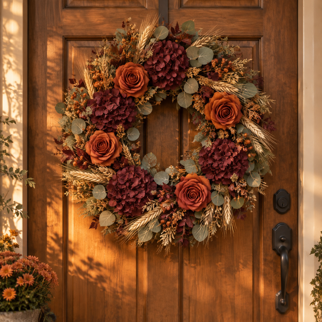 Artificial fall wreath with orange roses and eucalyptus on a wooden door