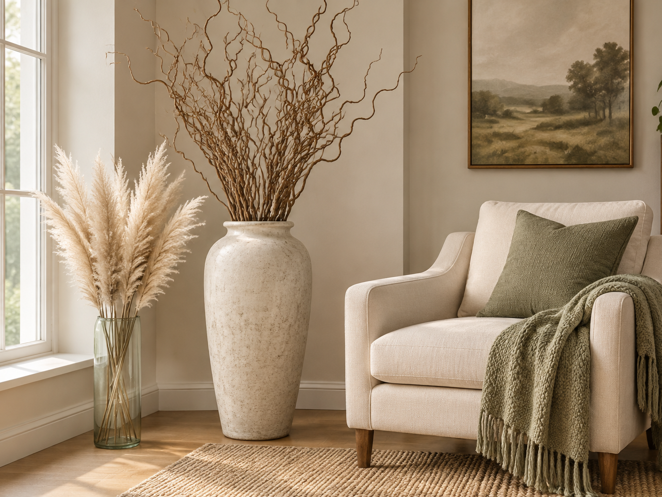 A tall speckled cream floor vase with a narrow neck holding curly dried branches beside a cream armchair, with a glass column vase of pampas nearby on the wood floor